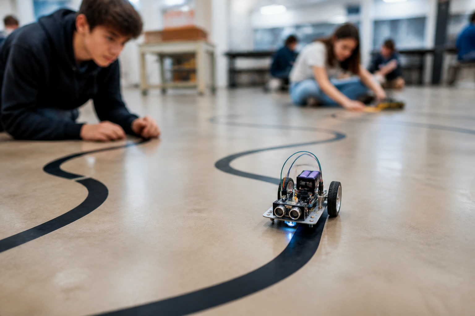 Student testing a line-following robot in the lab